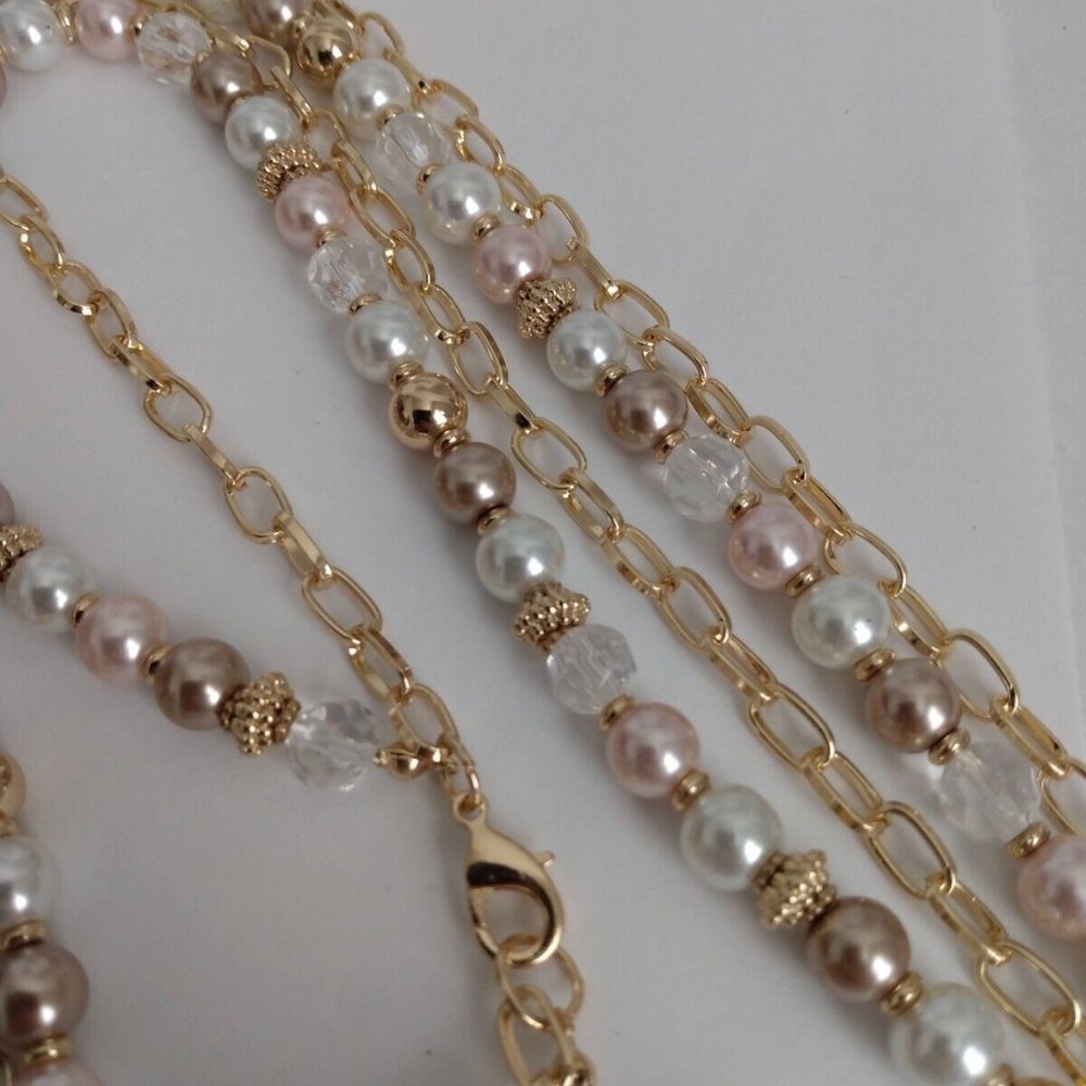 Ivory White Beaded Gold Chain Double Strand Long Necklace